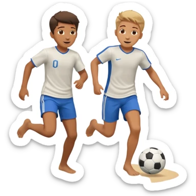 Two boys playing soccer at the beach no shirts. sticker
