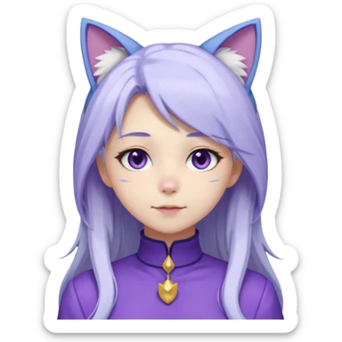 female anime character with long white hair and periwinkle highlights and cat ears on her head. She is wearing a purple outfit with a high neckline and long sleeves.  sticker