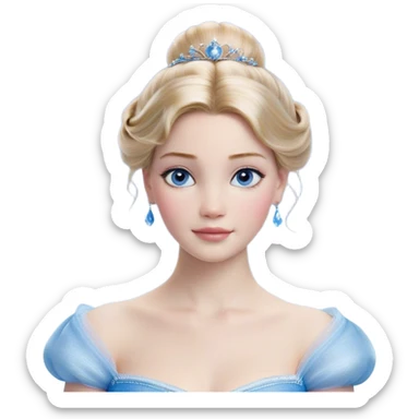 Cinematic Realistic Cinderella Portrait, depicted with lifelike skin texture, subtle rosy undertones, and soft natural lighting that enhances the gentle contours of her face. Her intricately detailed golden blonde hair is elegantly styled in an updo, with delicate wisps framing her face for added realism. Her deep, expressive blue eyes radiate warmth and sincerity, reflecting a quiet resilience and grace. She is dressed in her iconic ball gown, the fabric shimmering with intricate embroidery and fine translucent layers that catch the light beautifully. The soft sheen of satin gloves and the delicate sparkle of a glass-like slipper peeking from beneath her dress add a touch of magical realism. The portrait features an enchanting glow with a natural, luminous finish, seamlessly blending realism and fairytale charm to evoke a sense of depth, elegance, and timeless beauty. sticker