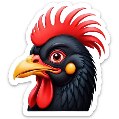 Cinematic Comical Black Rooster Portrait Emoji, Head tilted dramatically with an exaggeratedly shocked or amused expression, featuring a striking pure black plumage with a bold red comb, wide, expressive eyes filled with playful disbelief, Simplified yet hilariously expressive features, highly detailed, glowing with a slightly sassy glow, high shine, dramatic yet playful, stylized with an air of cheeky mischief, bright and endearing, soft glowing outline, capturing the essence of a spirited and over-the-top rooster, so meme-worthy it feels like it could crow its way into internet fame instantly! sticker