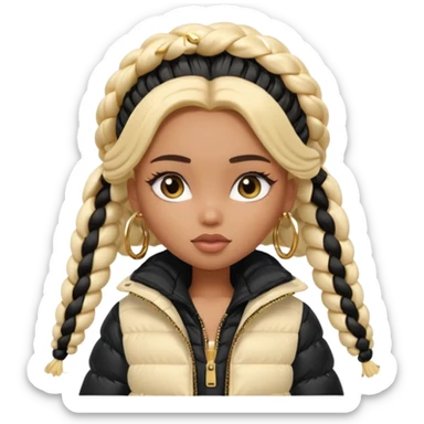 generate a pretty bratz girl with a WHITE puffer jacket, hoops, long braided hair black sticker