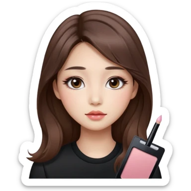 “korean straight brown hair Emoji girl, soft eyeliner and blush, gradient lips, light brown shimmer eyeshadow, long wavy hair,  sticker