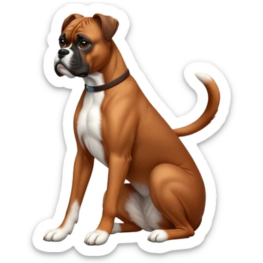cinematic-[boxer dog]-realistic-full-body-sitting-emoji,-tail-resting-loosely-beside-its-paws,-head-tilted-dramatically,-sleek-[brown]-fur,-simplified-yet-realistic-focused-features,-highly-detailed,-glowing-with-an-almost-sarcastic-glow sticker