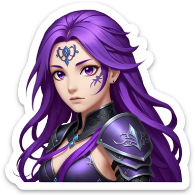 A mysterious warrior girl with long, flowing purple hair cascading down her back, strands catching the dim light like silk. Her piercing violet eyes glow. She wears sleek black armor, a perfect fusion of elegance and lethality, adorned with intricate silver engravings resembling ancient runes.  sticker