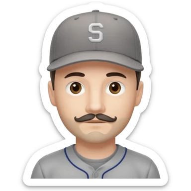 white young male with small dark brown goatee beard and moustache with grey tones wearing a grey baseball cap backwards with hazel eyes sticker