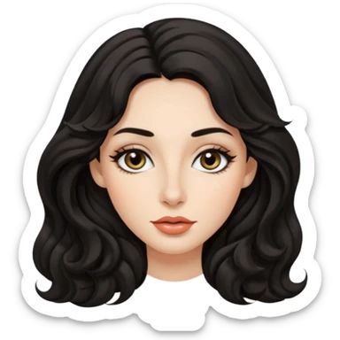 persona mujer con piel clara y ondas color negro y largos  y sin volumen y con delineador en los ojos y con los labios medianos, ojos almendrados y nariz respringada y el fondo blanco  sticker