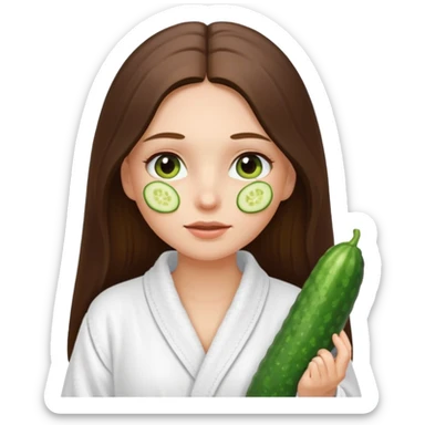 white long brunette hair girl with hazel eyes in a bathrobe with cucumbers on her eyes sticker