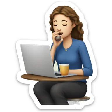 tired french girl with laptop drinking a lot of coffee sticker
