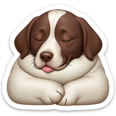 Cinematic Meme-Worthy Chubby Sleeping German Pointer Portrait Emoji, Head resting peacefully with a contented smile, showcasing a delightfully chubby build and a luxuriously soft liver and white coat, eyes shut in a serene nap, Simplified yet hilariously adorable features, highly detailed, glowing with a soft, drowsy light, high shine, relaxed and utterly lovable, stylized with an air of playful laziness, bright and heartwarming, soft glowing outline, capturing the essence of a comically sleepy hunter, so meme-worthy it feels like it could instantly become the next viral sensation of adorable slumber! sticker