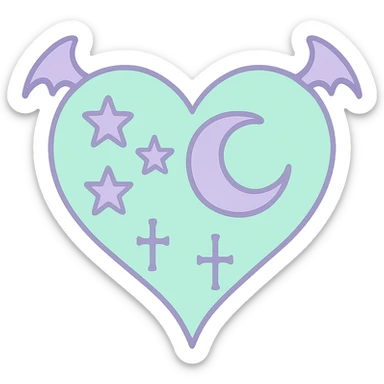 pastel goth heart with pastel stars and a crescent moon, mint green and lavender, gothic style sticker
