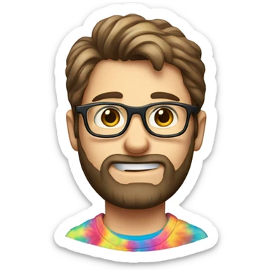 nerdy caucasian male with short brown hair and tight beard and wire rim glasses in tie dye shirt waving shyly sticker