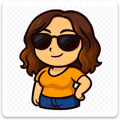 Sticker style chibi emote, matching the attached green heart emote as a base, but with a slightly skinnier body and a bigger chest. Woman from reference, yellow blouse and blue jeans, sunglasses/cool, cute confident face, no headband, no wand, no green heart, transparent background. Top color should not match jeans. sticker