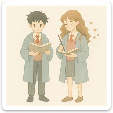 Make the closet more visible and show the boy and girl standing with their full bodies in the picture. Keep the soft watercolor illustration style with pastel colors, delicate linework, a gentle, whimsical mood, anime-inspired features, and minimal, soft shading. sticker