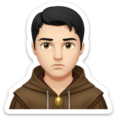 A handsome man with fair complexion. masculine, roman, slightly crooked nose. Thick triangular eyebrows. Hooded eyes and black pupils.  pouty lips with a heavy top lid.  thick black hair  80/20 part with an undercut.  sticker
