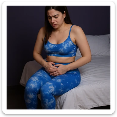 A slender woman in 4K sitting on the edge of the bed, hands gently pressing on the lower abdomen, expression of discomfort and slight pain, gaze directed downward, inspired by the reference photo. sticker