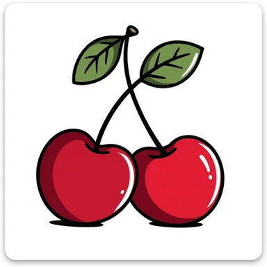 Hand-drawn pair of crimson red cherries with stem and leaves sticker