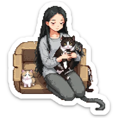 beautiful girl with long black hair petting a gray and blonde mixed cat, cat curled up in girl's lap, pixel art style sticker