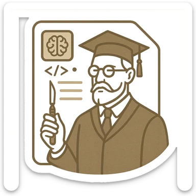 minimal elegant icon of a scholarly professor in classic academia style, dignified and not teaching, with a scalpel, set against a document background blending vintage academic motifs and subtle AI interface elements, refined cultured color scheme, technical and precise sticker