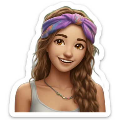 1girl, (hippie), brown hair,music festival, messy, ((high saturation)), ((best quality)), ((masterpiece)), ((realistic)), (detailed) chill, smile, polish girl, headband, looking to the side, sticker