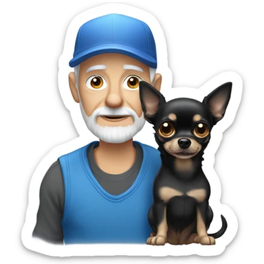 Old man with blue eyes and gray goatee in ball cap holding black long haired chihuahua  sticker