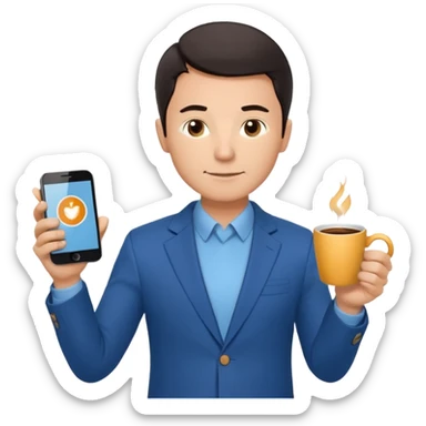 Confident male entrepreneur, short dark hair, slight smile, blue blazer over light blue shirt, holding a smartphone with a chart in one hand and a coffee cup in the other, front-facing, half-body sticker