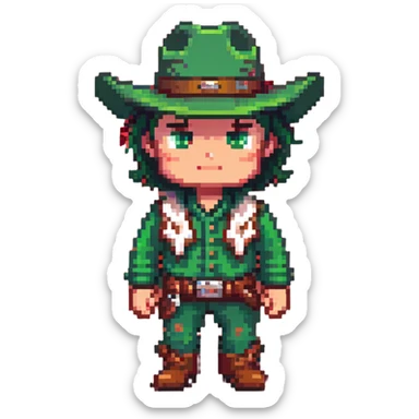 Cowboy character with green outfit and hat, western style sticker