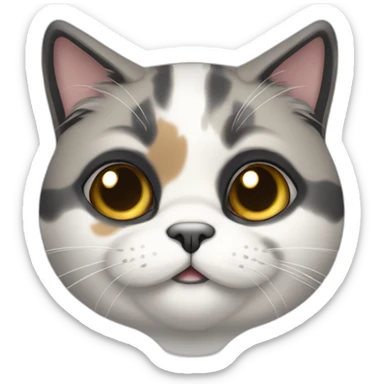 senior chubby diluted calico cat, white chin, black nose, grey ears, grey and white sticker