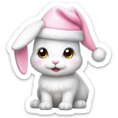 A white little cute bunny wearing a little cute pastel pink Christmas hat sticker