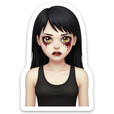 Crie um emoji de zumbi garota do iphone que tenha o cabelo preto longo, de cumprimento no peito, que tenha uma franja no tamanho da sobrancelha, com os olhos escuros e que use uma regata preta sticker