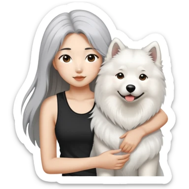  asiatic girl in the black tank top with long gray  hair and a samoyed sticker