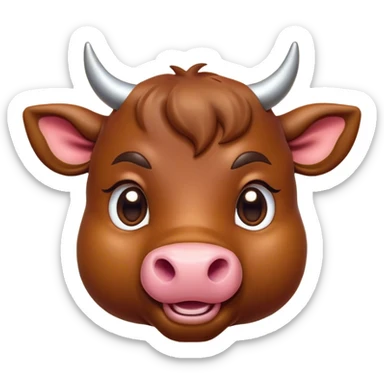 Cinematic Cute Brown Bull Portrait Emoji, Head tilted playfully and inquisitively, featuring a glossy, robust brown hide with a natural sheen, round, sparkling dark eyes filled with gentle curiosity, Simplified yet irresistibly adorable features, highly detailed, glowing with a warm, friendly glow, high shine, affectionate and imposing, stylized with a touch of rugged charm, bright and endearing, soft glowing outline, capturing the essence of a mischievous yet loving bull, so playful it feels like it could stomp out of the screen and into your arms! sticker