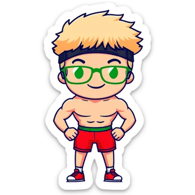 Skinny man with black and white cap, thin bare torso, red shorts, clear glasses, messy light blond mullet hairstyle, smiling and attempting to flex nonexistent muscles sticker