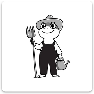 frog in cowboy hat and overalls, holding gardening tools sticker