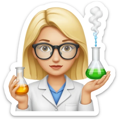Eine hellblonde Chemikerin mit typischem Erlmeyerkolben in der Hand und Laborbrille auf sticker