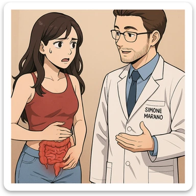 prendi spunto da questo stile di disegno e fai un webtoon/manga a colori con questo nutrizionista in camice bianco (fagli la scritta "SIMONE MARANO" SUL CAMICE) in piedi CHE PARLA CON UNA RAGAZZA in piedi accanto a lui. la ragazza GLI chiede UNA COSA preoccupata mentre si tocca la pancia e ha un intestino umano infiammato sulla pancia, e IL NUTRIZIONISTA CON IL CAMICE BIANCO le risponde mentre annuisce. la ragazza falla mora, con top rosso e jeans chiari, NON FARE I FUMETTI, FAI SOLO LORO COME SE DIALOGASSERO, falli a figura intera. la ragazza falla a sinistra e il nutrizionista a destra sticker