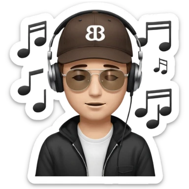 emojis.com dj-man-white-with-baseball-cap---rayban-sun-glasses-80s---brown-hair---closed-eyes-with-headphones-on-with-musical-note-over-head-(listening-to-music-)---eyes-closed-no-glasses---black-hat--musical-notes sticker