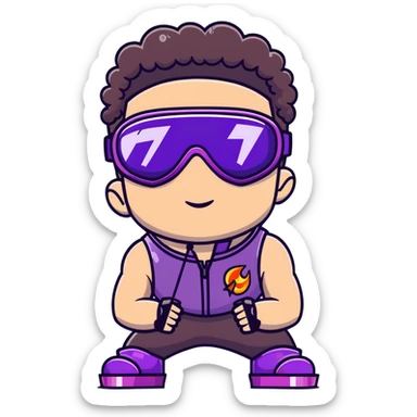 close-up of bad guy male athlete with white skin and moderately curly dark brown hair on top with shaved sides, wearing ski goggles with purple frames and very dark black lenses, a simple plain black chain necklace, and a completely unzipped sleeveless vest with purple and black sequin fire pattern design with no logo, with an extremely arrogant expression sticking his tongue out mockingly, looking menacing and villainous sticker