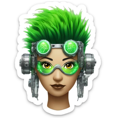 Neon green Mohawk hair Asian female cyborg head with silver steampunk goggles and circuits sticker