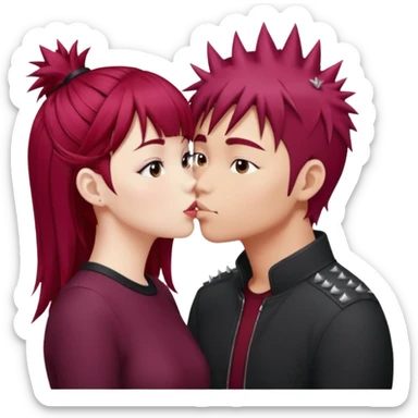 Asian Spiky short red hair  guy kissing white girl with long burgundy hair and bangs  sticker