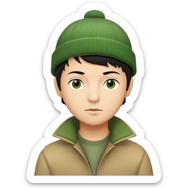 young man with longish pixie cut black hair, tan complexion, green beenie hat, tan jacket, pork chop sideburns sticker