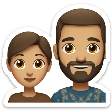 Comforting hug from brunette Puerto Rican with dark brown eyes wearing a cute blue top to short, bald man with brown eyes and a beard wearing a brown sweater sticker