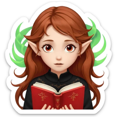 A delicate, elf-like girl with windswept chestnut hair, wearing an oversized sweater in signature black and red. She with glowing eyes, deeply absorbed in a book - "plot twist" moment. Created just now sticker