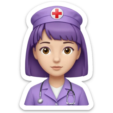 A young female slim nurse with short brown hair with fringe over her forehead, wearing larvendar purple working cloth sticker
