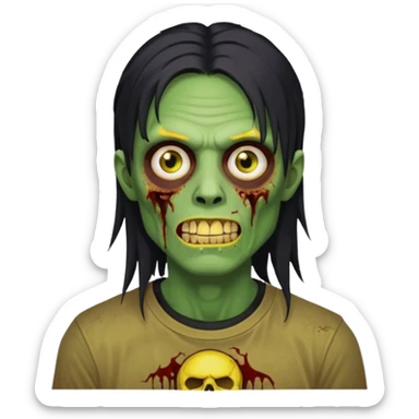 I want you to give me a zombie man and his skin its green who has golden teeth, yellow eyes, eyebrows and black hair, the hair I want to be a long modcut cut and is wearing a brown affliction T-shirt and thin circular lenses sticker