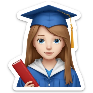 light brown haired girl with long hair, blue eyes, pale skin, wearing graduation regalia with white hood, holding diploma sticker