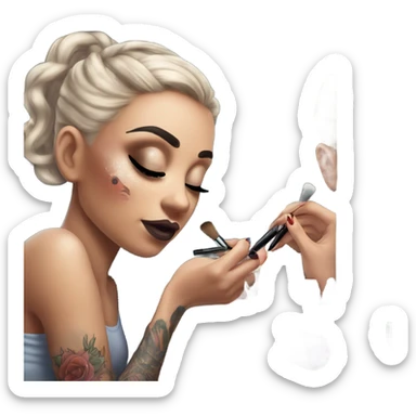 Hyper Realistic Beautiful tattooed woman applying her makeup in a mirror with lights on sticker