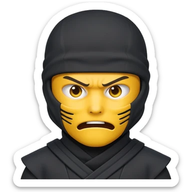 angry ninja face emoji, classic yellow emoji face, mouth fully covered by dark gray ninja uniform, only eyes visible sticker