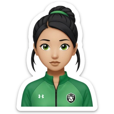 Cha: Age Late 40s
a Asian woman with black hair tie, Green player tracksuit sticker