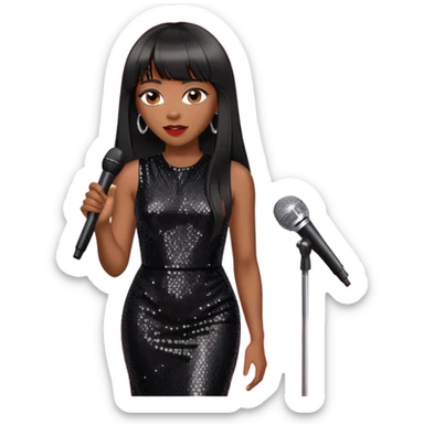 Medium toned black woman with a black sequined dress and long straight hair with a bang talking to interviewer on red carpet with a microphone sticker
