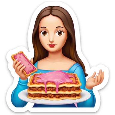 pop art neon Monalisa holding Melted pink gooey spam meat lasagna sticker